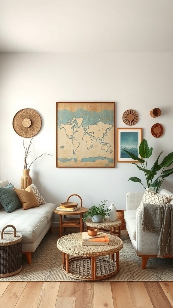 A cozy green living room featuring a world map art piece, woven baskets, and plants.
