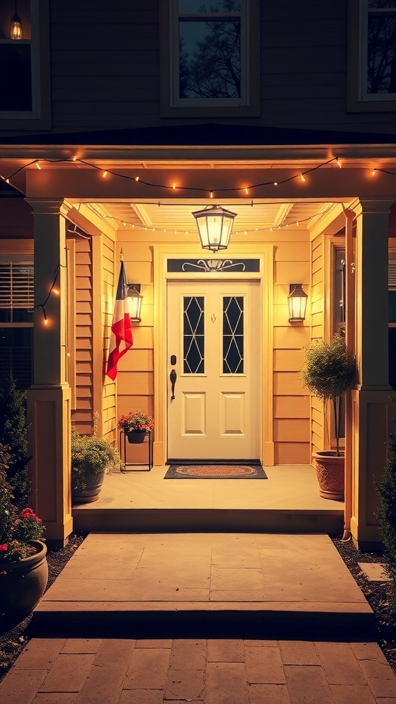 A cozy front porch with string lights creating a warm atmosphere.
