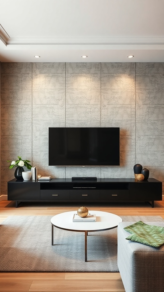 A modern living room with textured wall panels behind a TV, featuring dark furniture and a light rug.