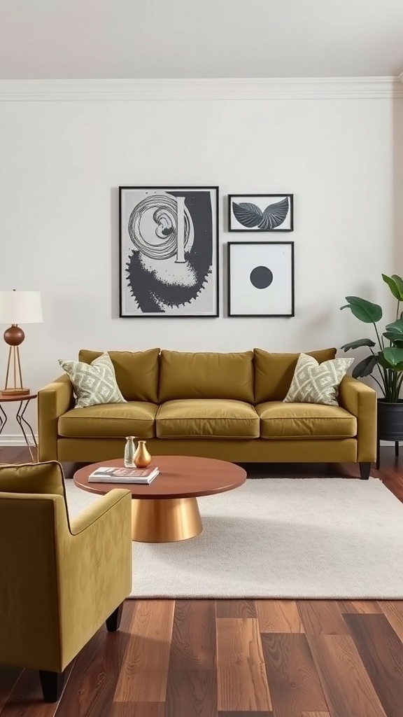 A cozy living room featuring olive green furniture, including a sofa and armchair, with a round coffee table and wall art.