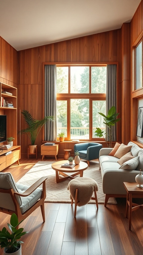 A mid-century modern living room with wooden walls, large windows, and stylish furniture.