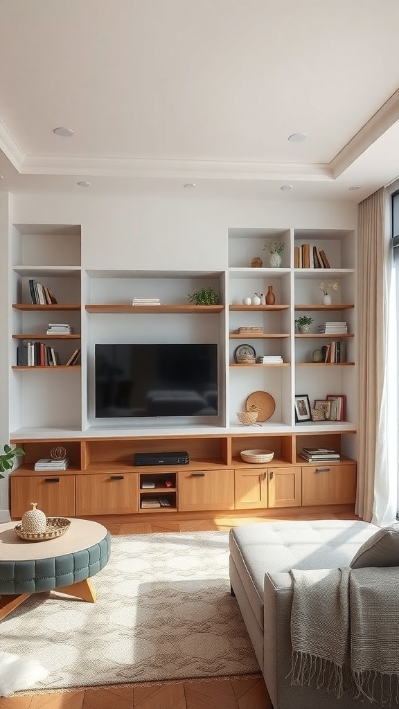 Living room with a combination of open and closed shelving, featuring a TV and decorative items.