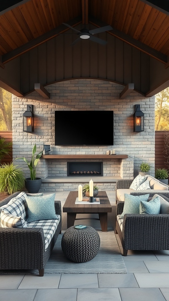 Outdoor living room with a TV wall, featuring cozy seating and decorative elements.