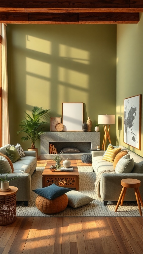 Cozy living room with olive green walls, comfortable sofas, and natural light
