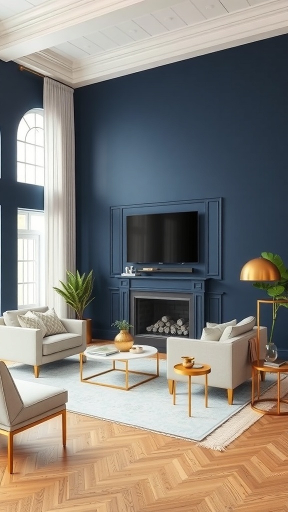 A stylish living room featuring bold navy blue walls, light furniture, and warm wood flooring.