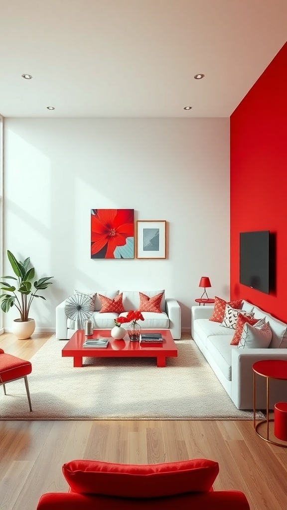 Living room featuring bold red walls and crisp white furniture, with red accents and artwork.