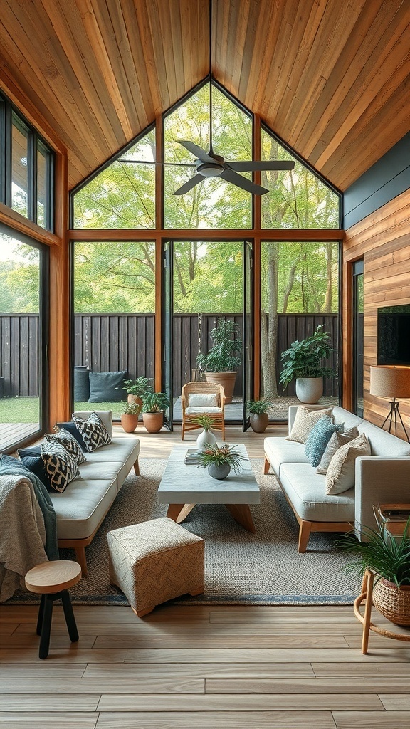 A bright living room with large windows, wooden ceiling, and plants, blending indoor and outdoor elements.