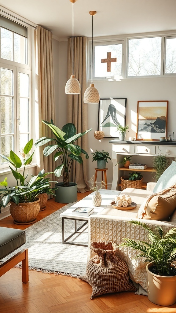 A bright living room featuring olive green accents, plants, and natural decor.
