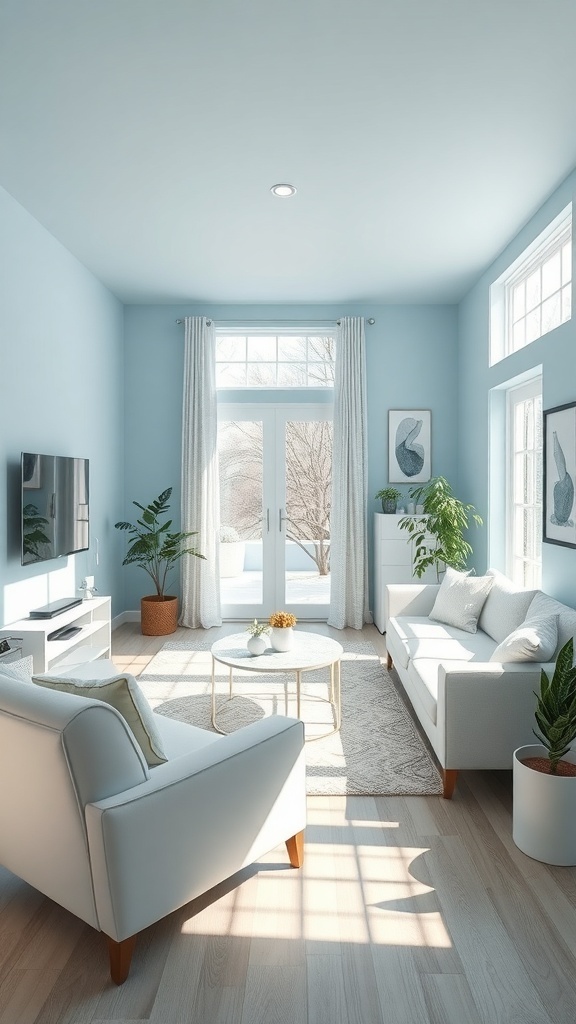 A serene living room painted in sky blue with white furniture and plants.