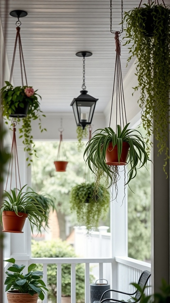 A front porch featuring various hanging plants in pots, creating a lively and inviting atmosphere.