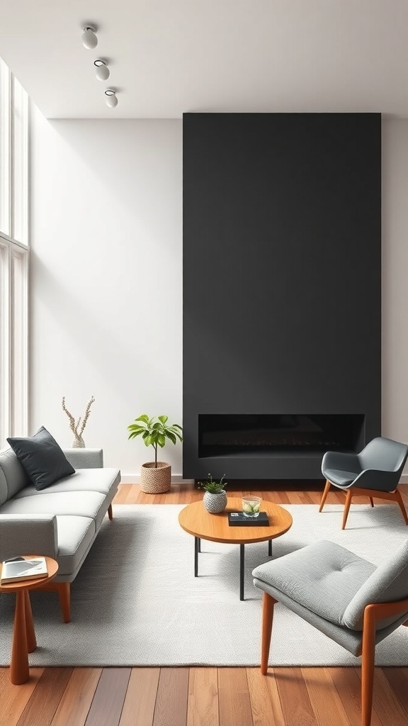 A mid century modern living room featuring a dark wall, light wood flooring, and minimalist furniture.