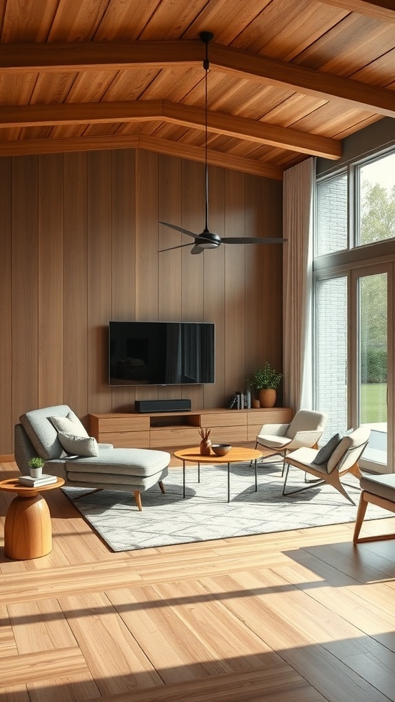 A mid-century modern living room featuring wooden walls, a sleek sofa, and a flat-screen TV.