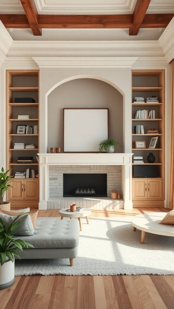 Cozy living room with built-in shelves framing an arch and a fireplace.
