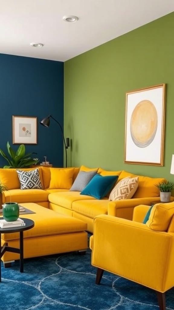 A living room featuring olive green walls, a yellow sofa, and blue accents.