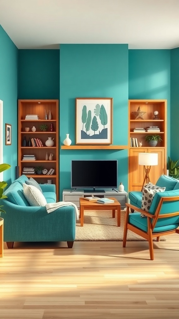 A living room featuring vibrant teal walls and warm wood furniture.