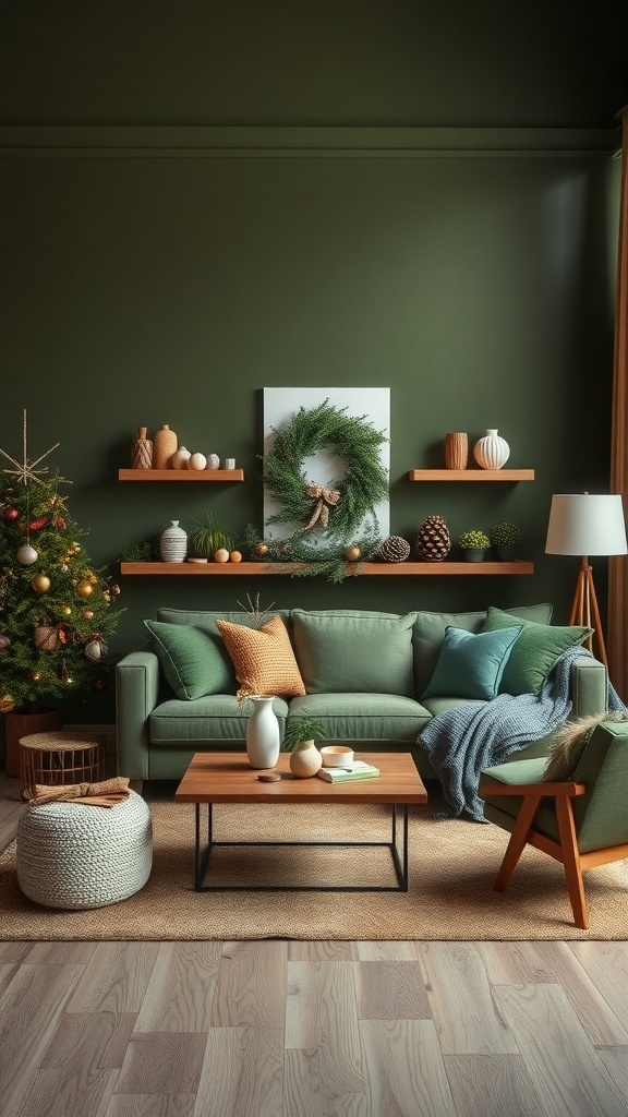 A cozy olive green living room decorated for the holidays with a Christmas tree, wreath, and seasonal decor.