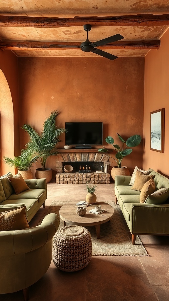 A cozy living room featuring rustic terracotta walls and olive green furniture, with plants and natural decor.
