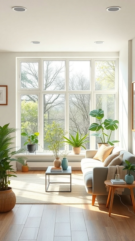 Bright living room with large windows, plants, and light-colored decor