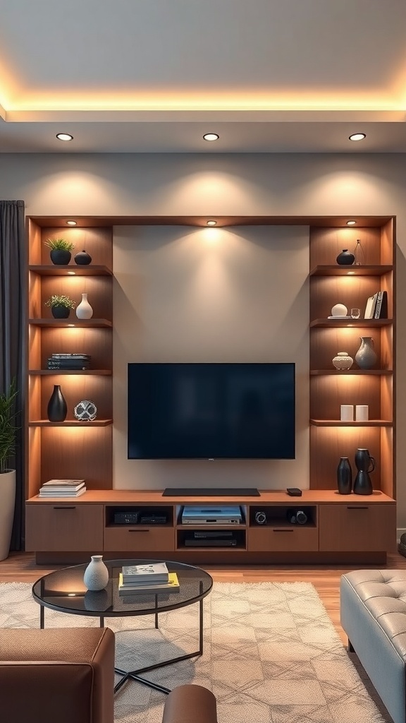 Living room with integrated shelves and TV unit, featuring warm lighting and decorative items.