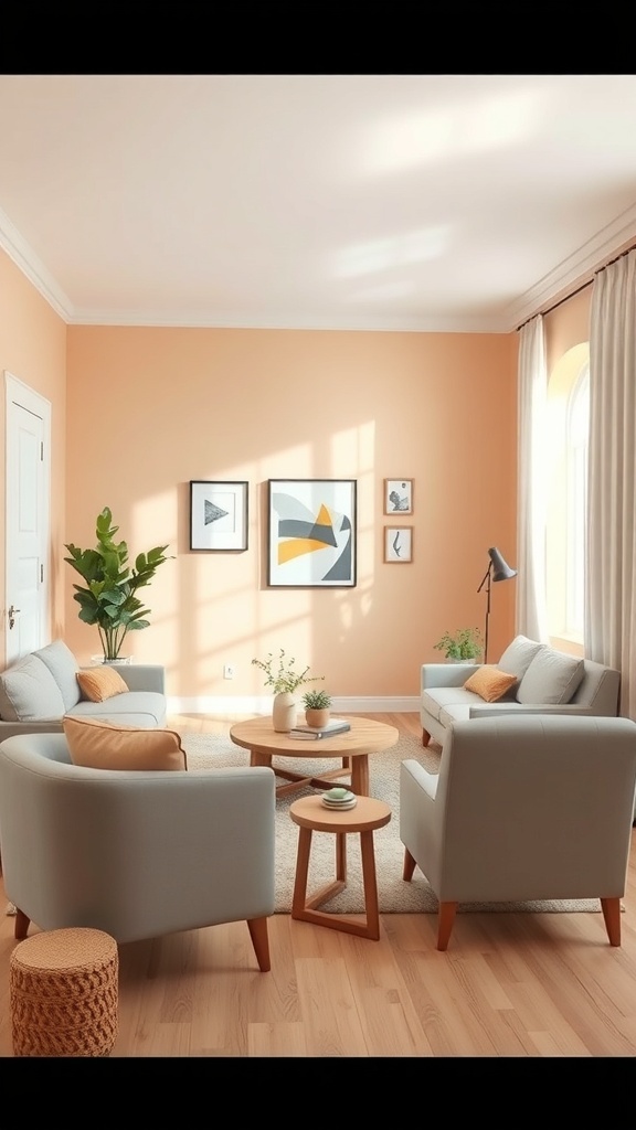 A living room featuring soft peach walls and light gray furniture, with a cozy arrangement and decorative elements.