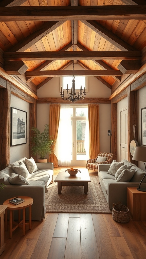 A warm and inviting living room with wooden beams, natural light, and cozy furnishings.