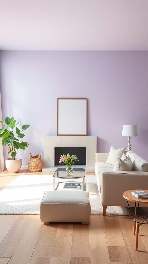 A living room featuring calming lavender walls and cream furniture, with a plant and a coffee table.