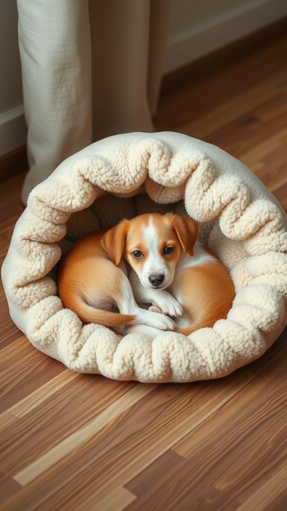 A small puppy curled up in a cozy, fluffy dog bed.