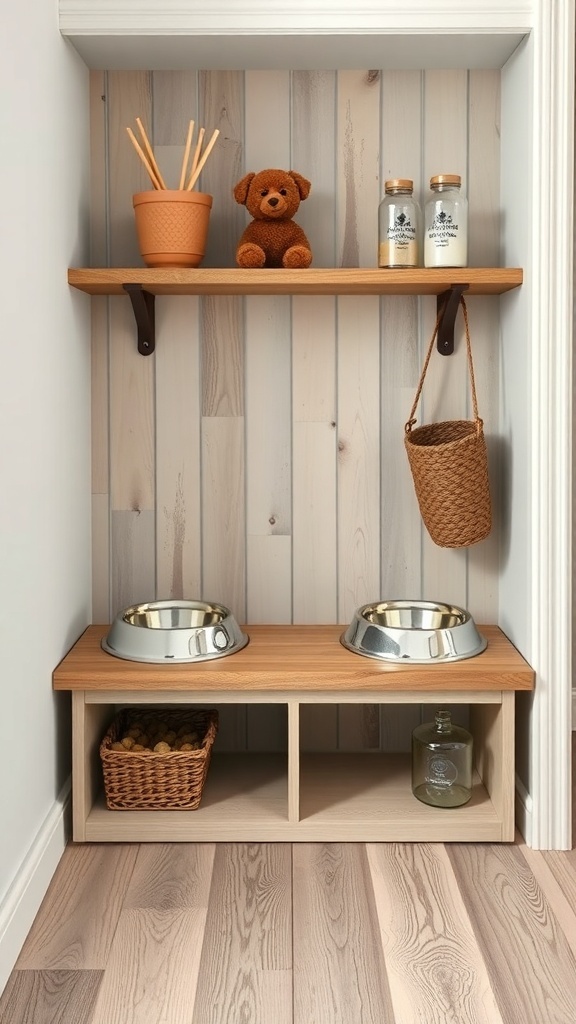Stylish dog feeding station with wooden shelves, stainless steel bowls, and decorative items.