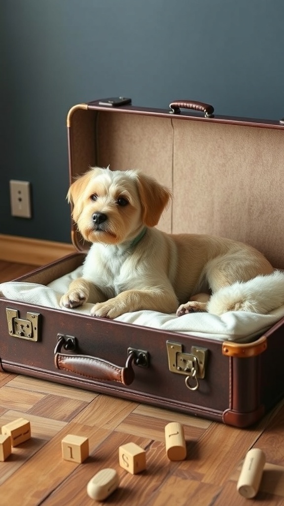 A small dog resting in a vintage suitcase turned into a dog bed, with wooden blocks scattered around.