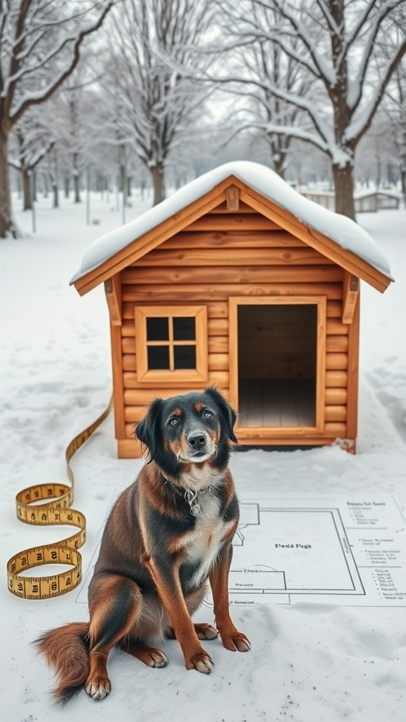 A dog sitting next to a wooden dog house in a snowy park, with a measuring tape and blueprint on the ground.