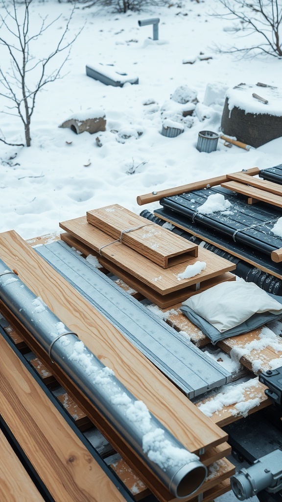 A selection of wooden and metal materials laid out for building a winter dog house, with snow in the background.