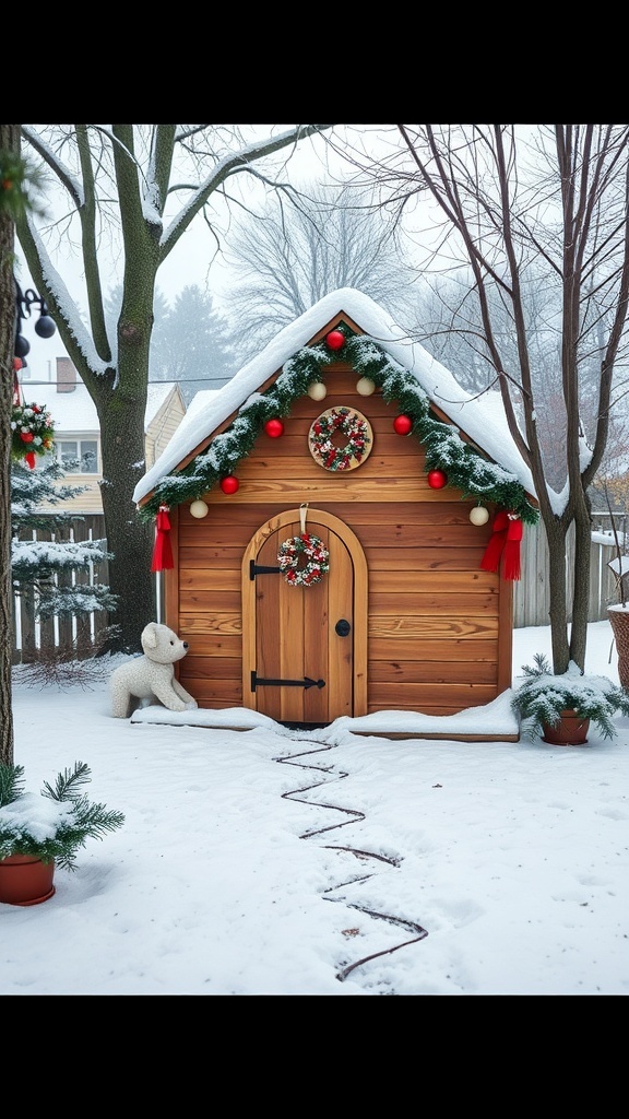 A beautifully decorated winter dog house in a snowy yard with a clear path leading to it.