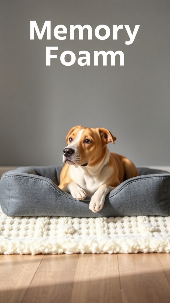 A dog relaxing on a memory foam dog bed with the words 'Memory Foam' above.