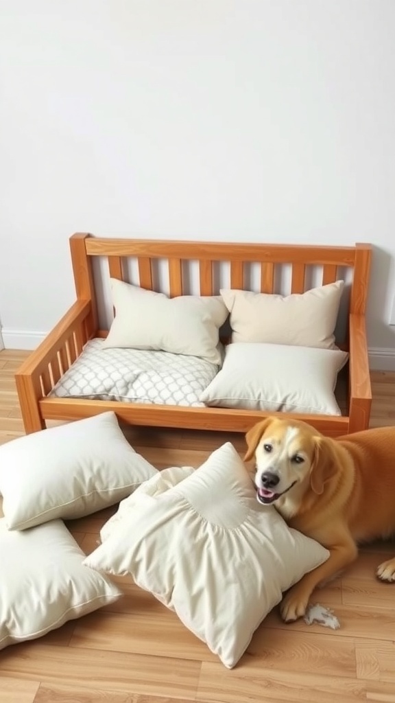 A wooden dog bed with removable cushions and a happy dog lying next to some cushions on the floor.