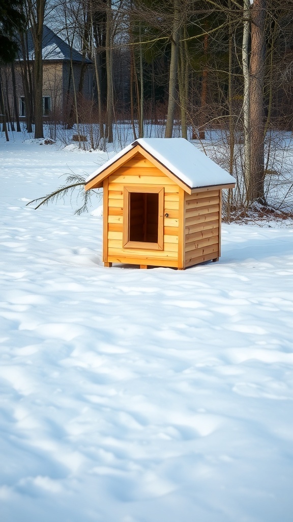 A wooden dog house elevated off the ground in a snowy setting.