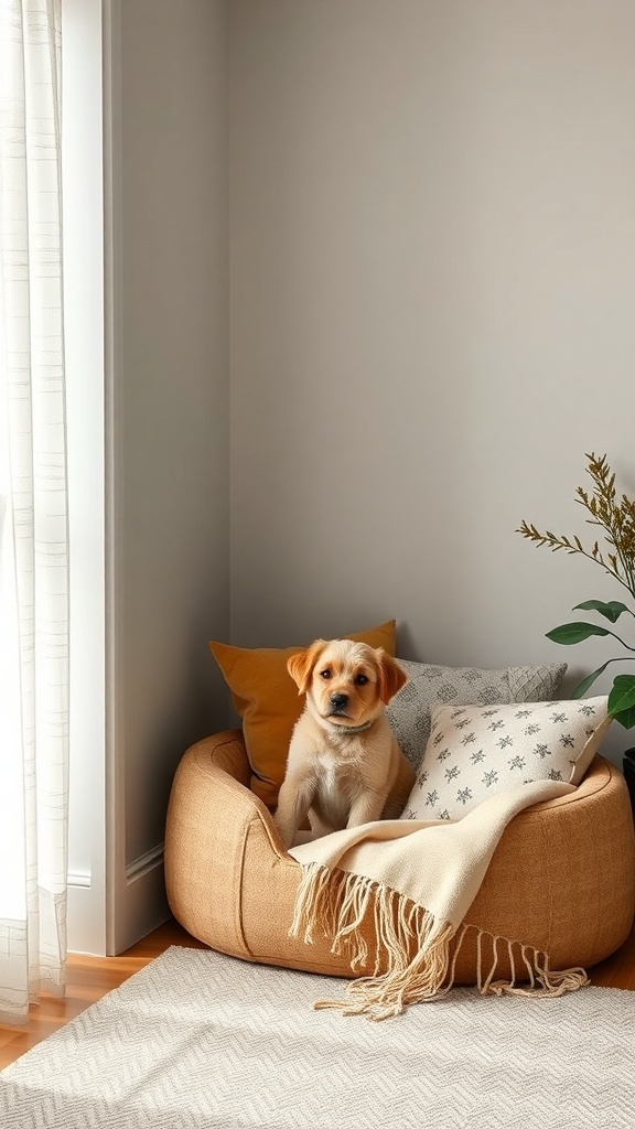 A small dog sitting in a cozy corner bed surrounded by pillows and a blanket.