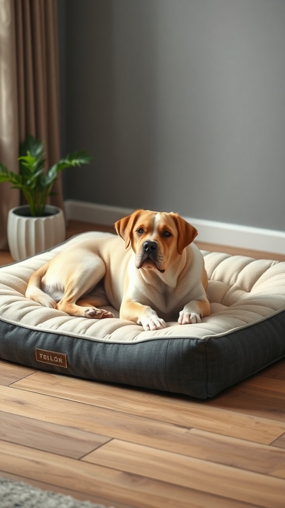 A relaxed dog lying on a cozy orthopedic dog bed in a stylish room.