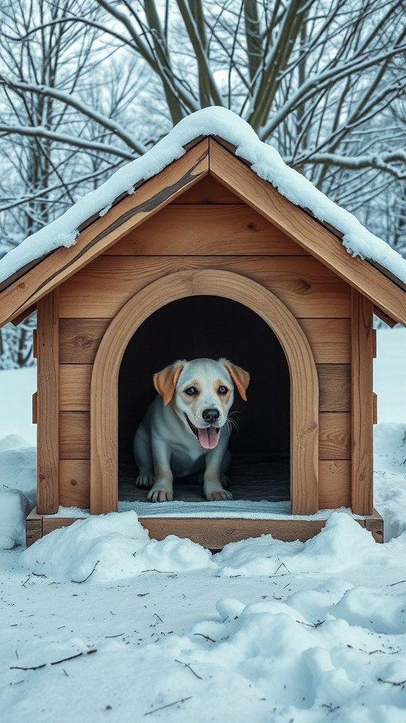 A dog sitting in a wooden dog house covered in snow, surrounded by winter scenery.