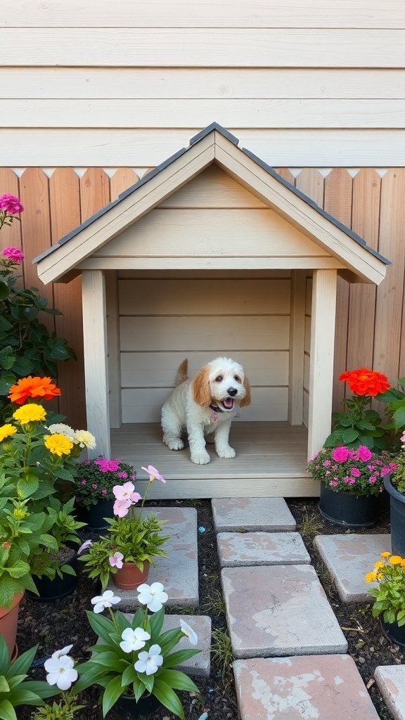 A cute dog sitting in a wooden dog house surrounded by colorful flowers and a stone pathway.