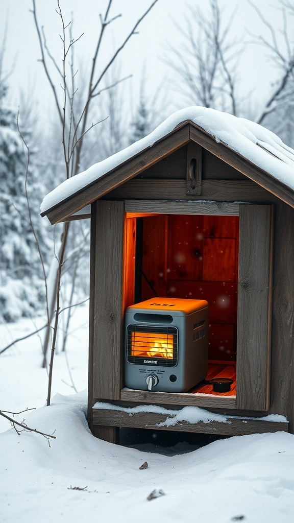 A cozy dog house with a heater inside, surrounded by snow.