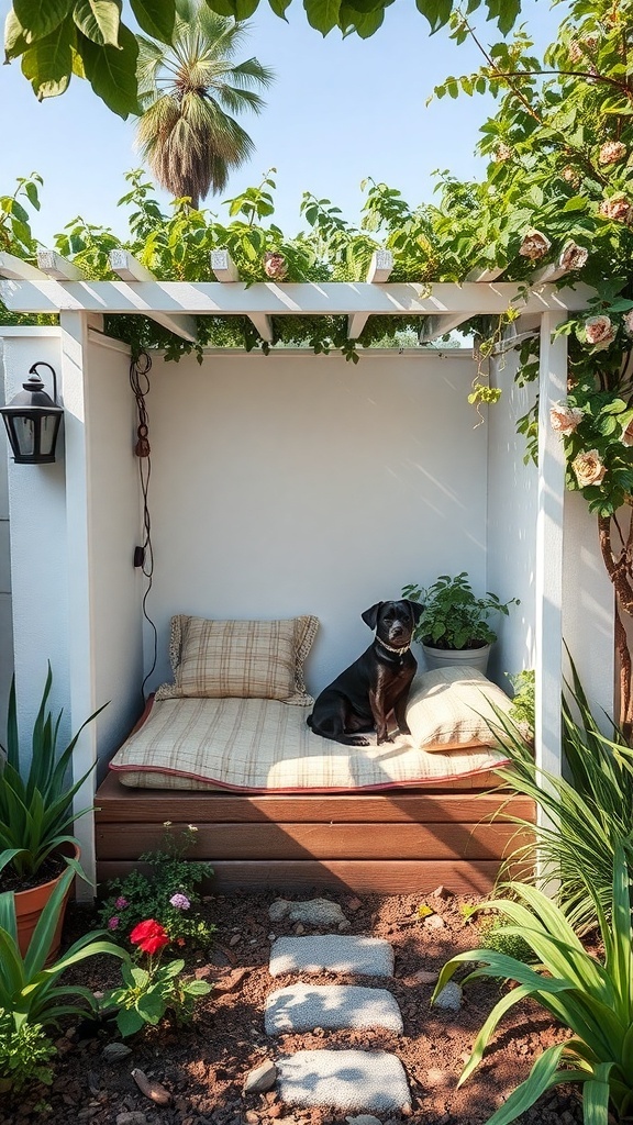 A cozy garden nook for dogs with a bed and surrounding plants.