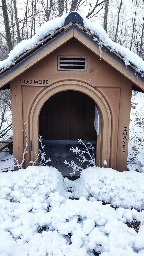 A winter dog house with snow on the roof and a ventilation opening at the top.