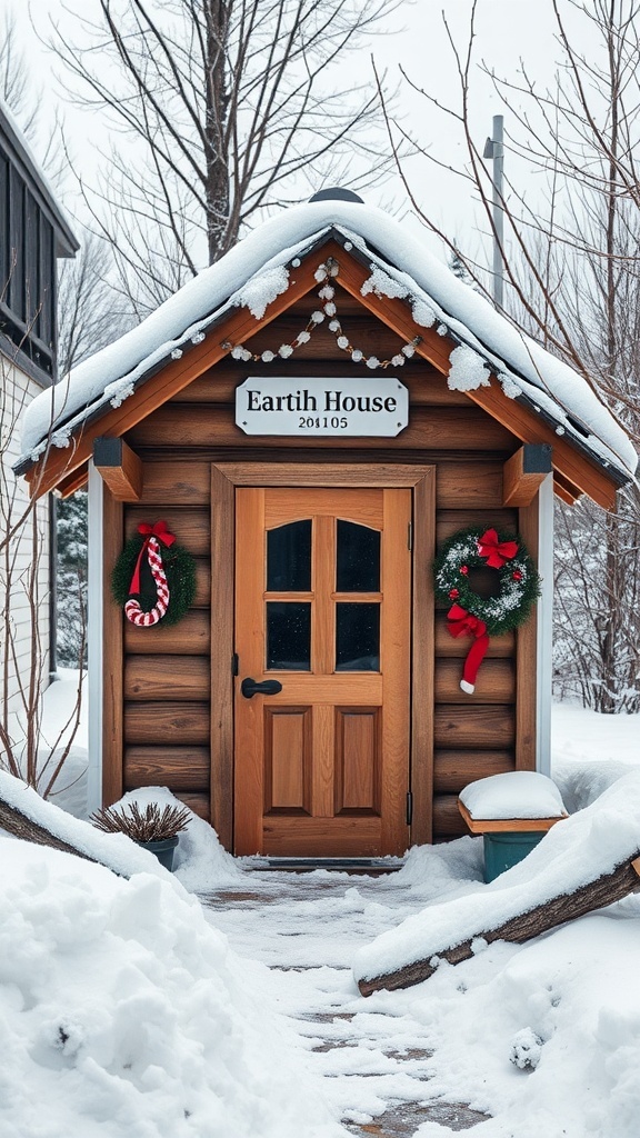 A cozy dog house decorated with wreaths and snow, showcasing a personal touch.