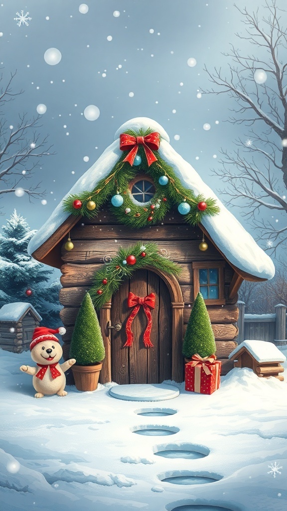 A decorated dog house for the holidays with a wreath, ornaments, and a snowman.