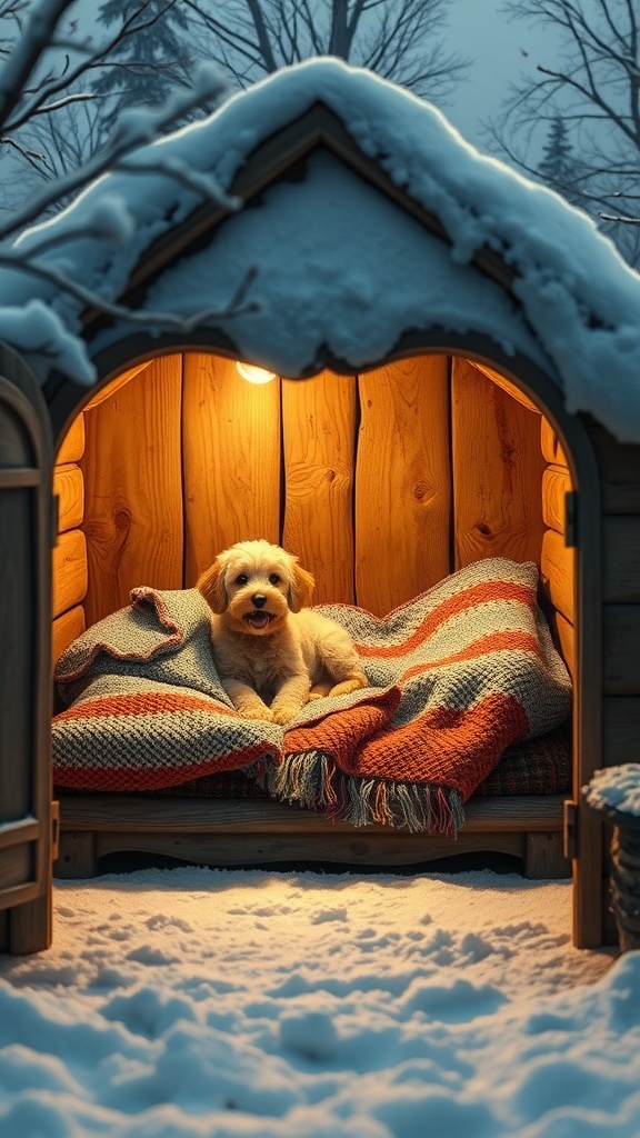 A cozy dog house with a dog lying on a blanket inside, illuminated by soft light, surrounded by snow.