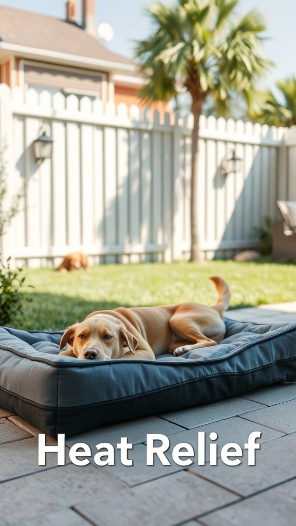 A dog relaxing on a cooling bed in a sunny backyard, surrounded by greenery.