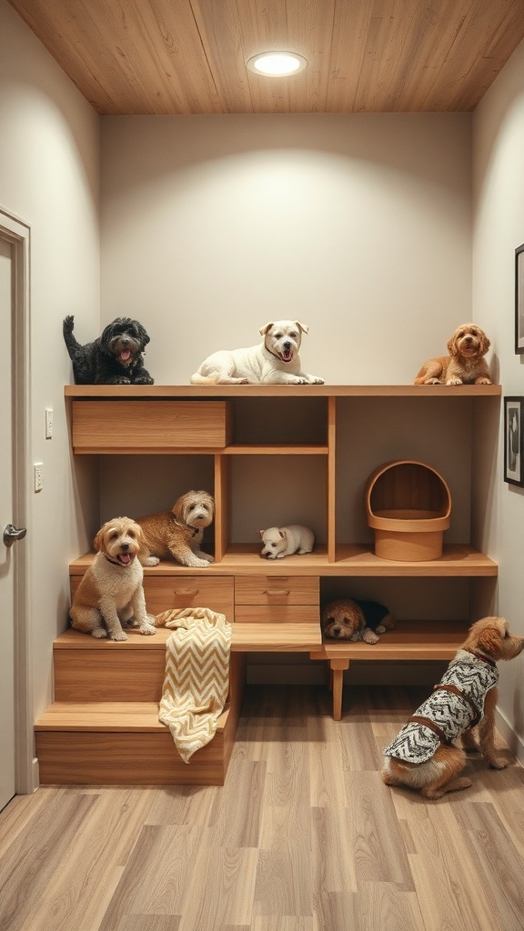 A multi-level dog play area with several dogs resting and playing on wooden shelves and steps.