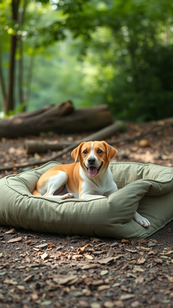 A happy dog resting on a cozy eco-friendly dog bed in a natural outdoor setting.