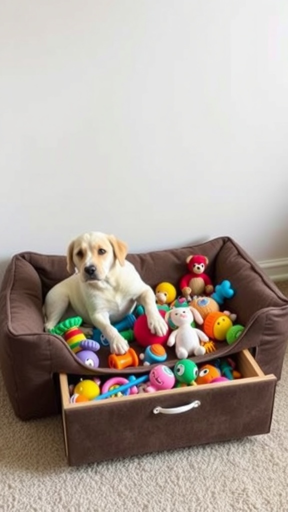 A dog lying in a bed with a drawer full of colorful toys