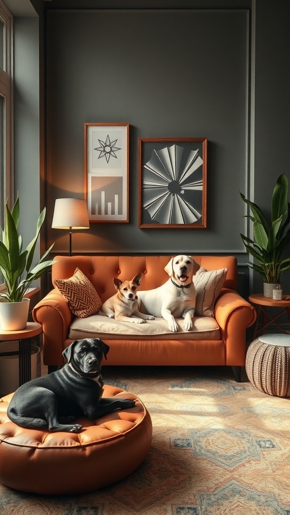 A stylish dog lounge area with three dogs on a couch and a round dog bed.